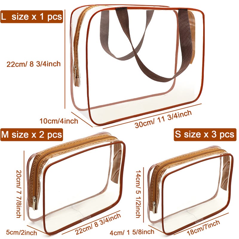 APREUTY Clear Makeup Bags, TSA Approved 6Pcs Cosmetic Makeup Bags Set Clear PVC w/Zipper Handle Portable Travel Luggage Pouch Airport Airline Bags Bathroom (Coffee) - Image 3